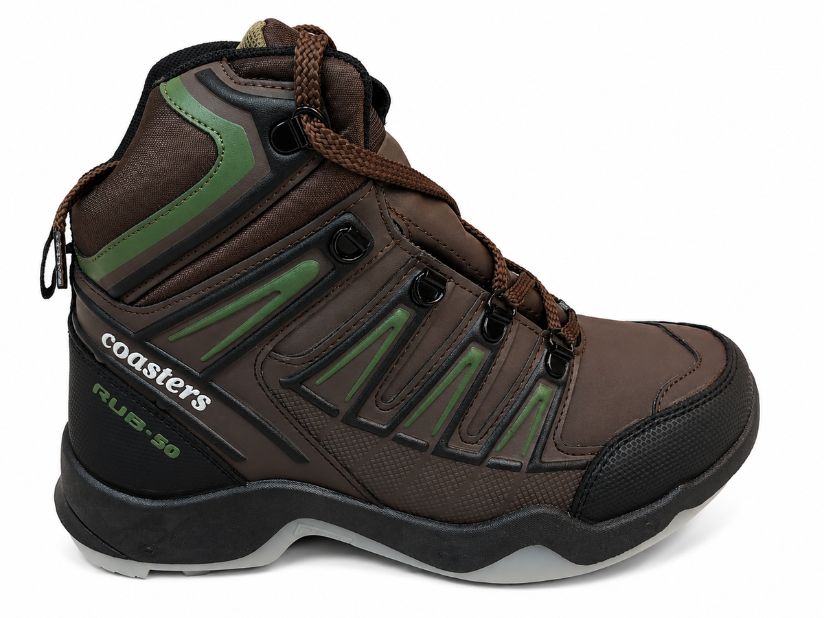 A brown mid-cut outdoor boot with green accents and black details, featuring the brand name 'coasters' on the side, shown against a plain white background.
