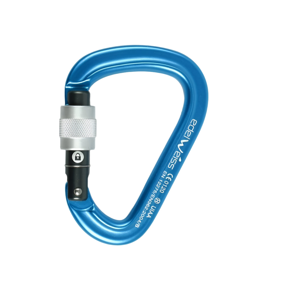 Blue carabiner with silver gate on a white background