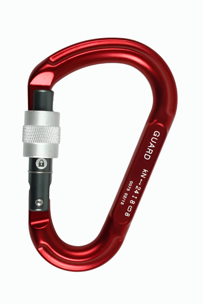 Red carabiner with silver clasp on a white background