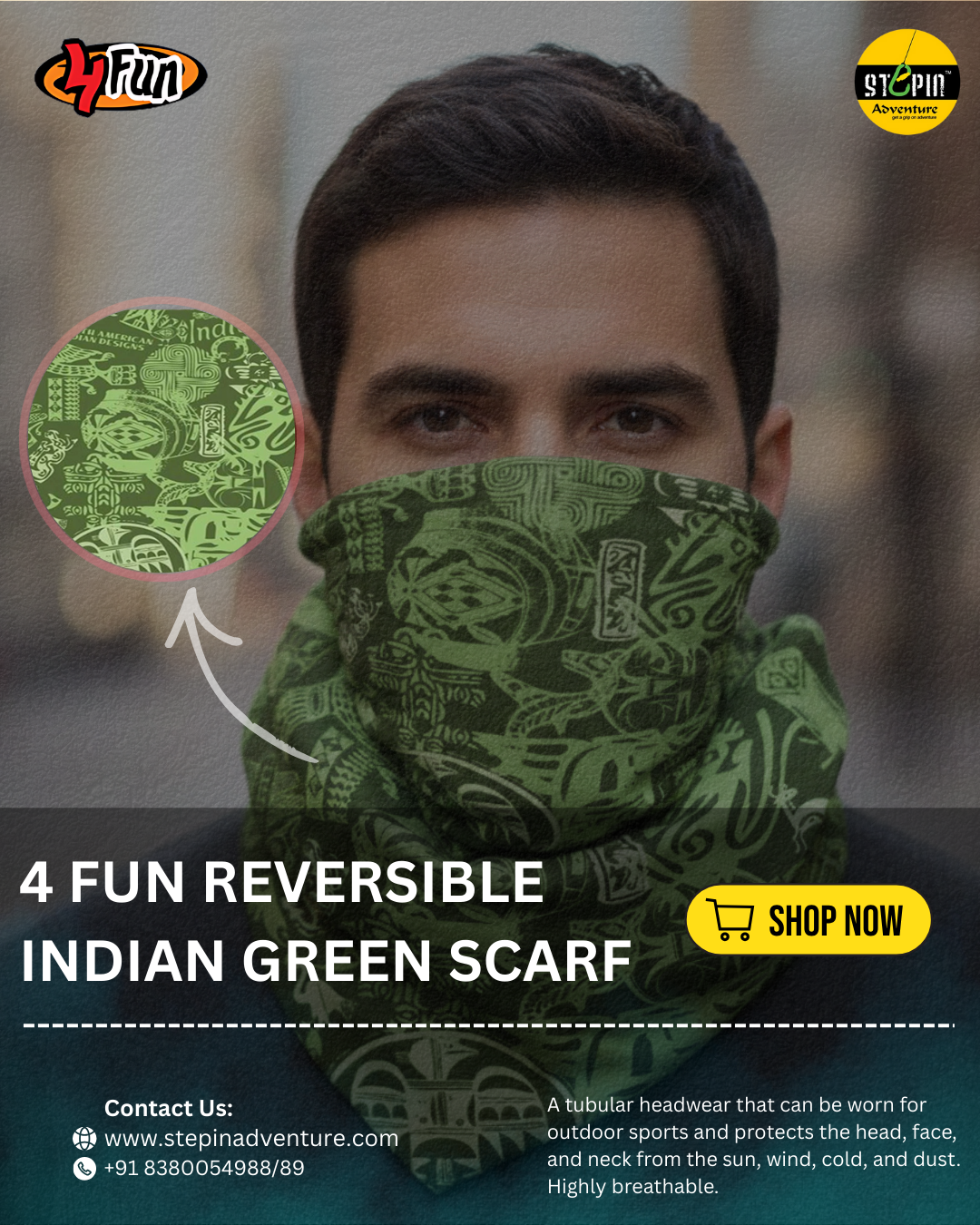 4FUN REVERSIBLE INDIAN GREEN MULTIFUNCTIONAL SCARF-VERSATILE, SUSTAINABLE & ADVENTURE-READY