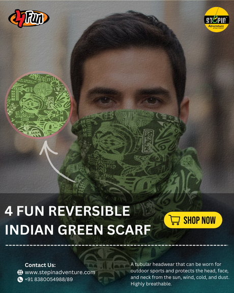 4FUN REVERSIBLE INDIAN GREEN MULTIFUNCTIONAL SCARF-VERSATILE, SUSTAINABLE & ADVENTURE-READY
