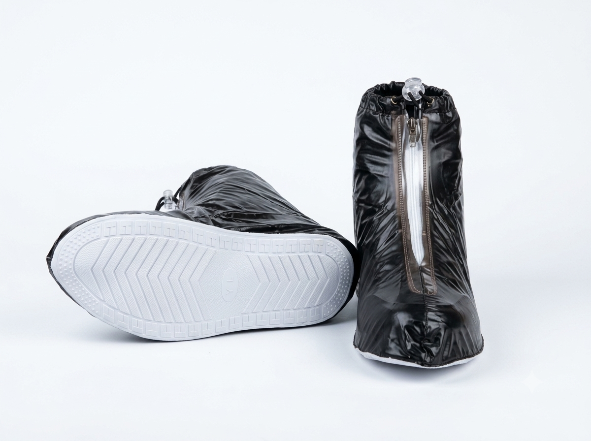 Black waterproof shoe covers worn over shoes on a rainy street