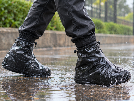Reusable waterproof rain shoe covers protecting footwear