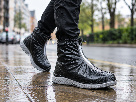 Waterproof shoe covers protecting footwear from rain and wet surfaces