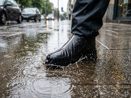 Waterproof shoe covers worn during rainy weather