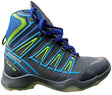 A high-top athletic shoe in dark gray, blue, and neon green, featuring blue laces and a textured synthetic upper, shown against a plain white background.
