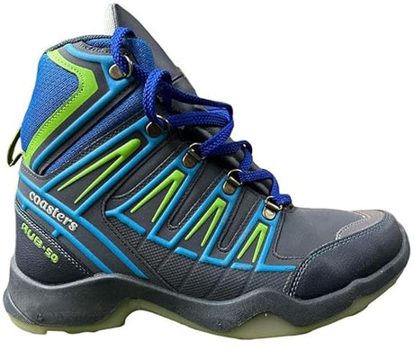 A high-top athletic shoe in dark gray, blue, and neon green, featuring blue laces and a textured synthetic upper, shown against a plain white background.