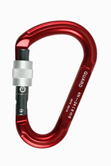 Red carabiner with silver clasp on a white background